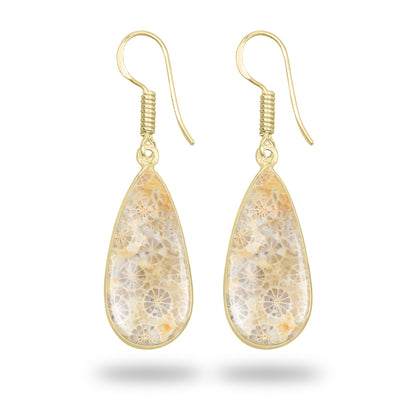Fossil Coral Earrings – 18K Gold-Plated Bezel, Handmade Minimal Design | Made to Order