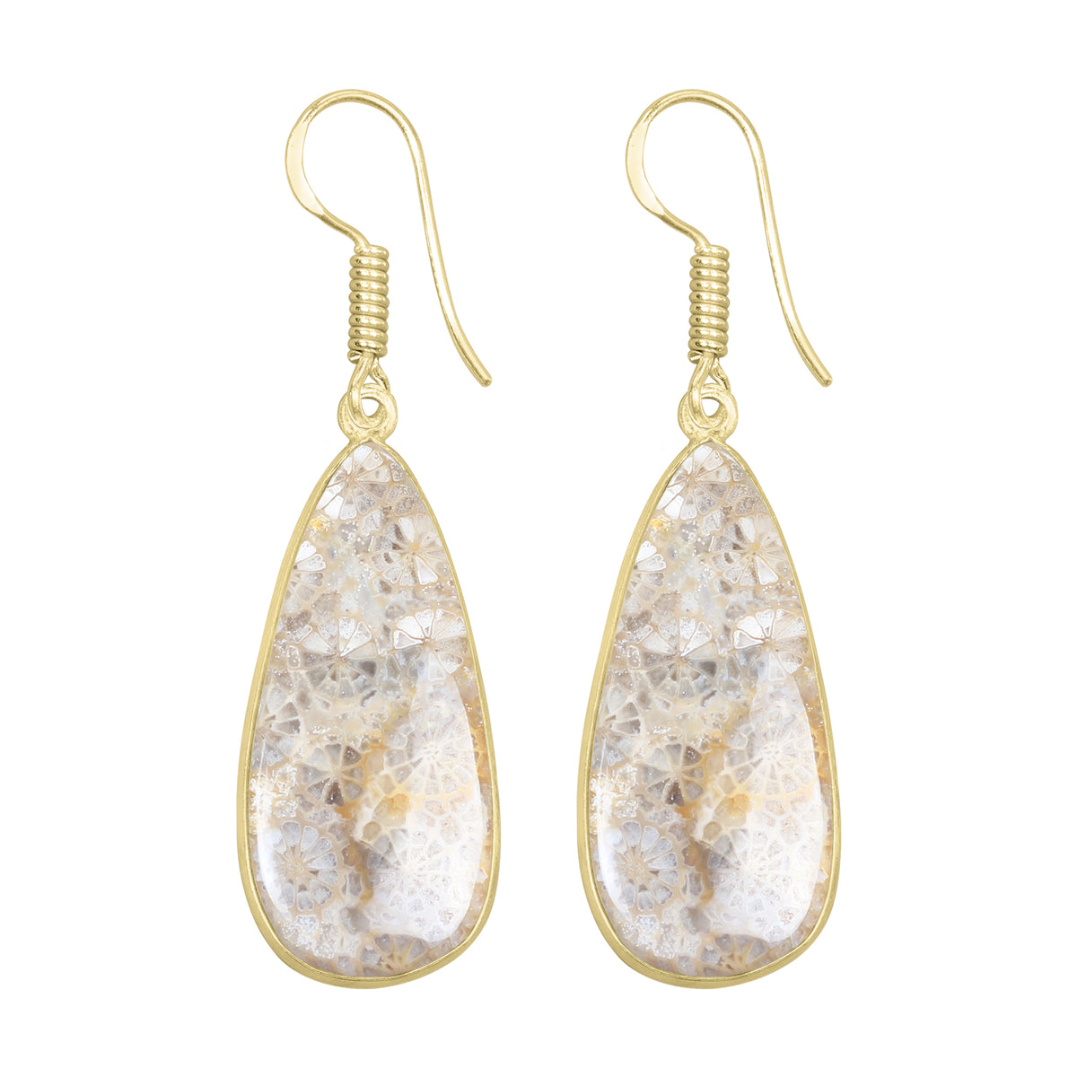 Fossil Coral Earrings – 18K Gold-Plated Bezel, Handmade Minimal Design | Made to Order