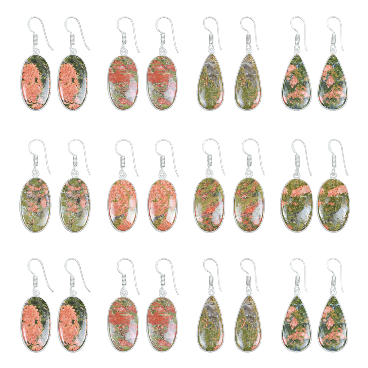 Unakite Earrings – Silver-Plated, Handmade, Green & Pink Stone | Wholesale
