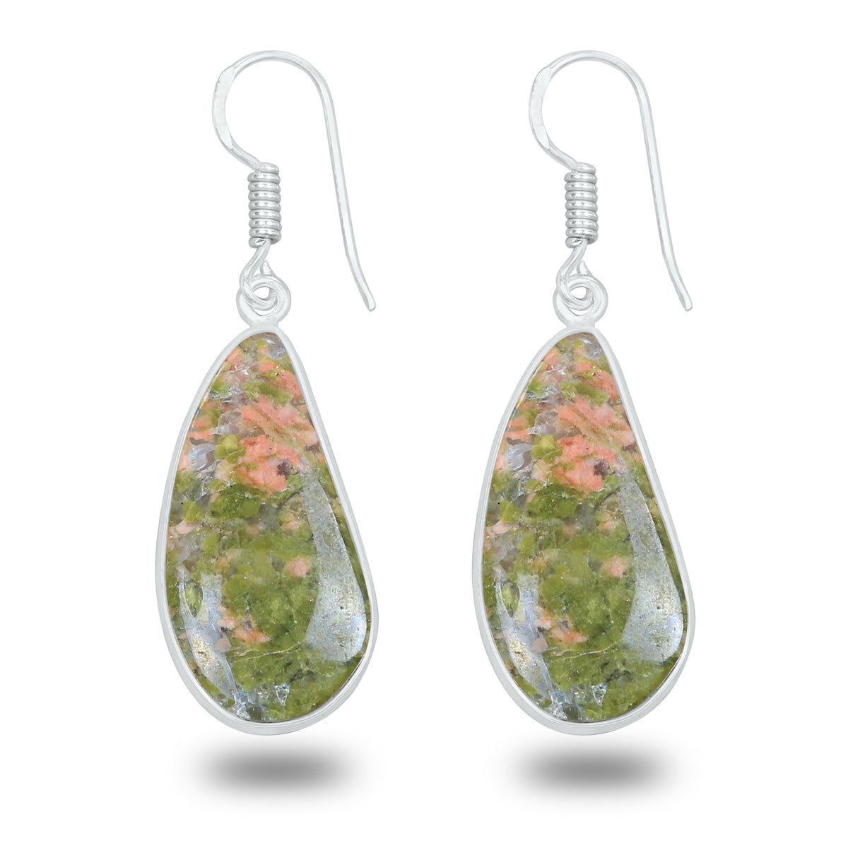 Unakite Earrings – Silver-Plated, Handmade, Green & Pink Stone | Wholesale