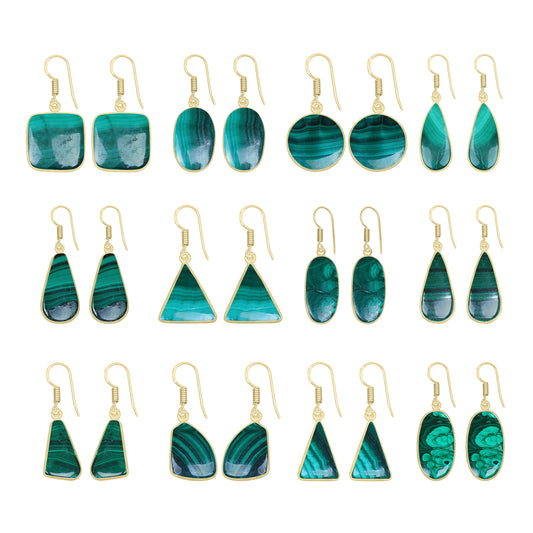 Malachite Earrings – 18K Gold-Plated Bezel, Handmade Minimal Design | Made to Order