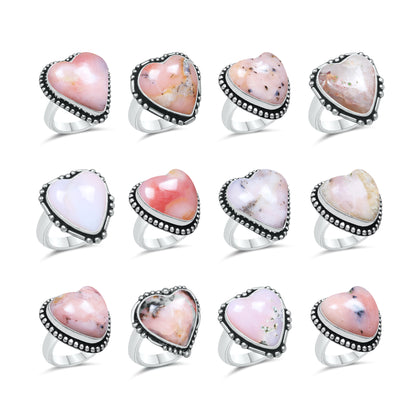 Pink Opal Heart Rings – Silver-Plated, Handmade, Soft Pink (US Sizes 6–10, Non-Adjustable) | Wholesale