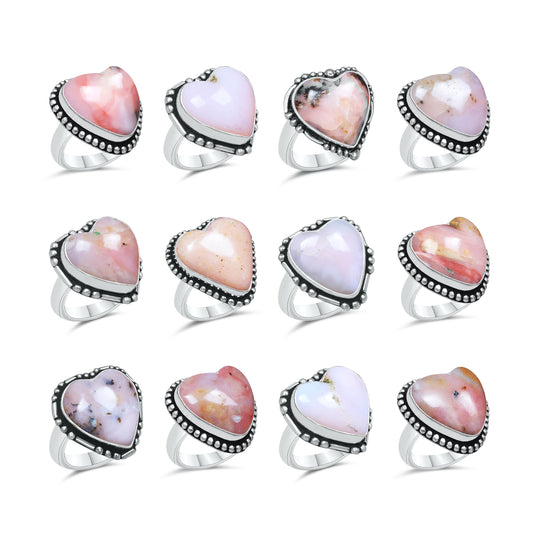 Pink Opal Heart Rings – Silver-Plated, Handmade, Soft Pink (US Sizes 6–10, Non-Adjustable) | Wholesale
