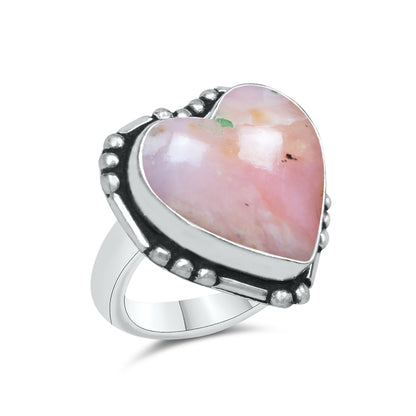 Pink Opal Heart Rings – Silver-Plated, Handmade, Soft Pink (US Sizes 6–10, Non-Adjustable) | Wholesale
