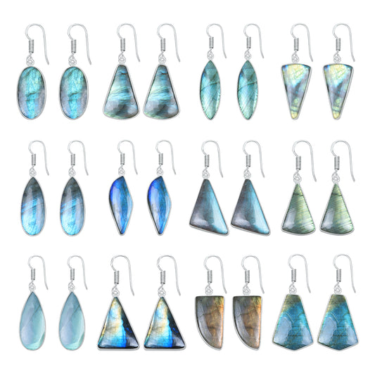Boucles d'oreilles en labradorite - Minimalistes, formes variées, plaquées argent | Vente en gros