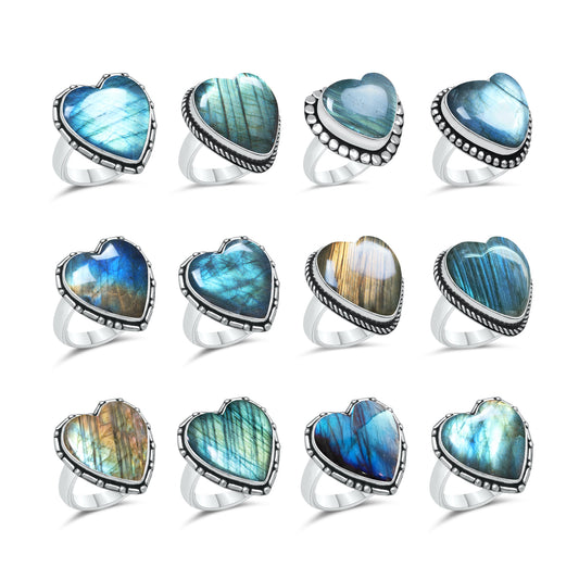 Labradorite Heart Rings – Silver-Plated, Handmade, Blue Flash (US Sizes 6–10, Non-Adjustable) | Wholesale