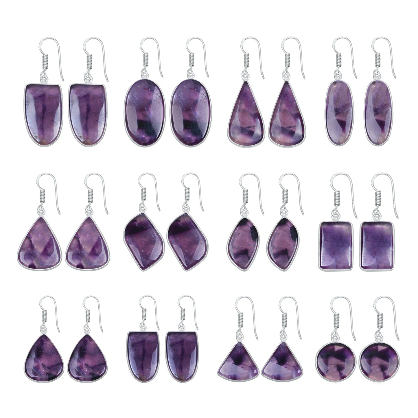Amethyst Earrings - Minimalistic, Assorted Shapes, Wholesale, Silver-Overlay