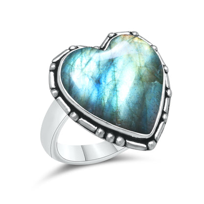Labradorite Heart Rings – Silver-Plated, Handmade, Blue Flash (US Sizes 6–10, Non-Adjustable) | Wholesale