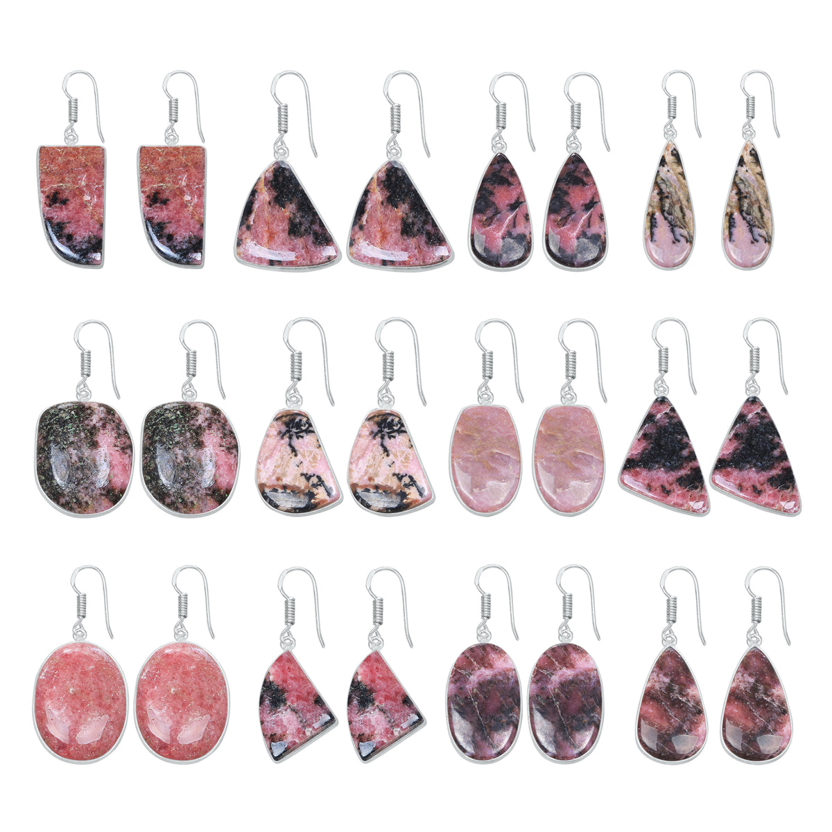 Boucles d'oreilles en rhodonite – Minimalistes, plaquées argent | Bijoux faits main en gros