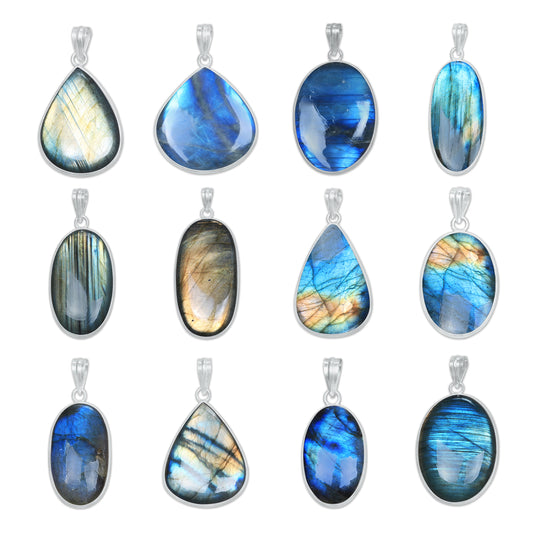 Pendentifs minimalistes en labradorite - Faits à la main, laiton plaqué argent, vente en gros