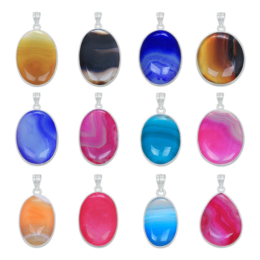 Banded Onyx (dyed) Simple work Pendants -  Handmade, Silver-Plated Brass, Wholesale
