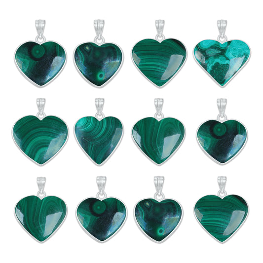 Malachite Heart Pendants - Handmade, Silver Plated, Simple Works, Wholesale Crystal Jewelry