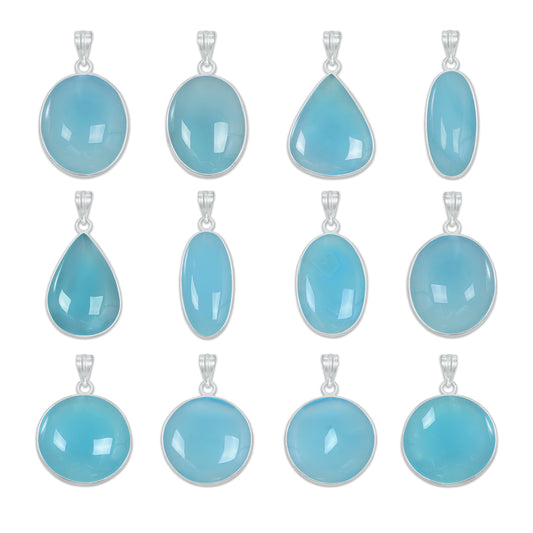 Aqua Chalcedony (Dyed) Minimalist Pendants -  Handmade, Silver-Plated Brass, Wholesale Crystal Jewelry