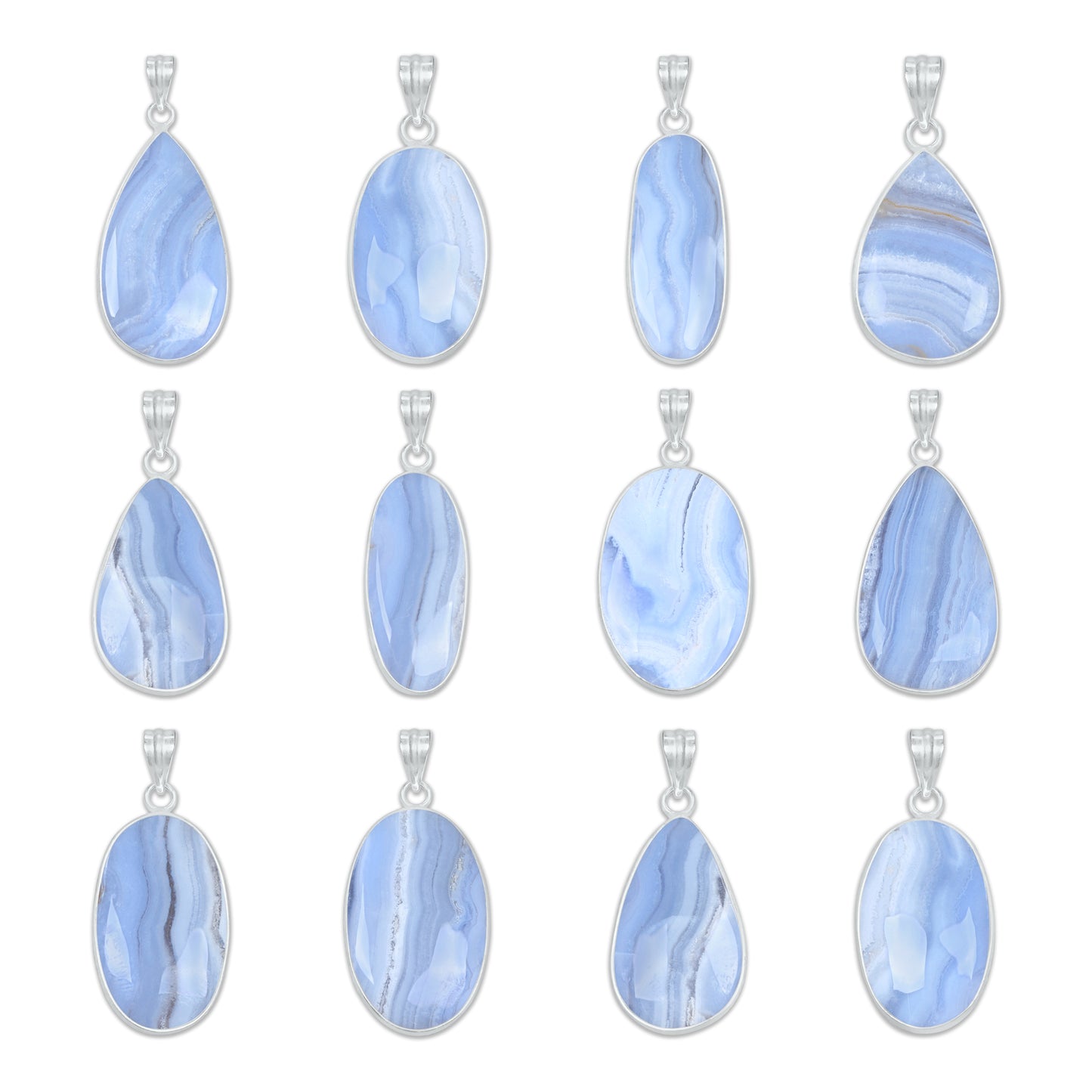 Blue Lace Agate Pendants -  Handmade, Silver-Plated Brass, Simple works