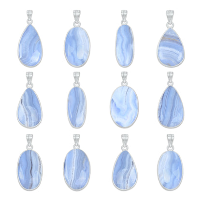 Blue Lace Agate Pendants -  Handmade, Silver-Plated Brass, Simple works