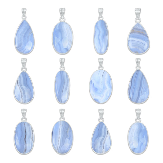Blue Lace Agate Pendants -  Handmade, Silver-Plated Brass, Simple works