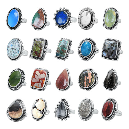 Bohemian Crystal Rings Set - Silver Plated, Mixed Sizes, Assorted Designs