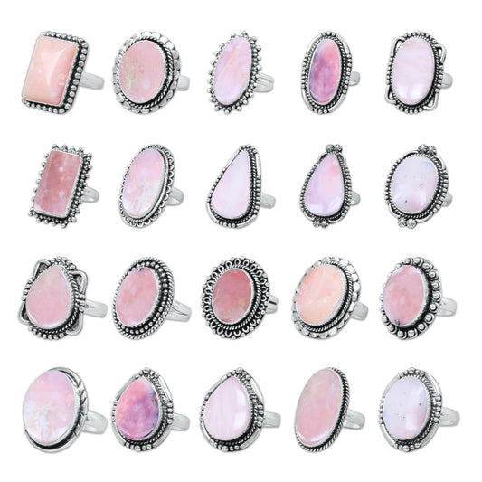 Pink Opal Rings – Silver-Plated, Handmade, Assorted Boho Designs (US Sizes 6–10, Made to Order) | Wholesale