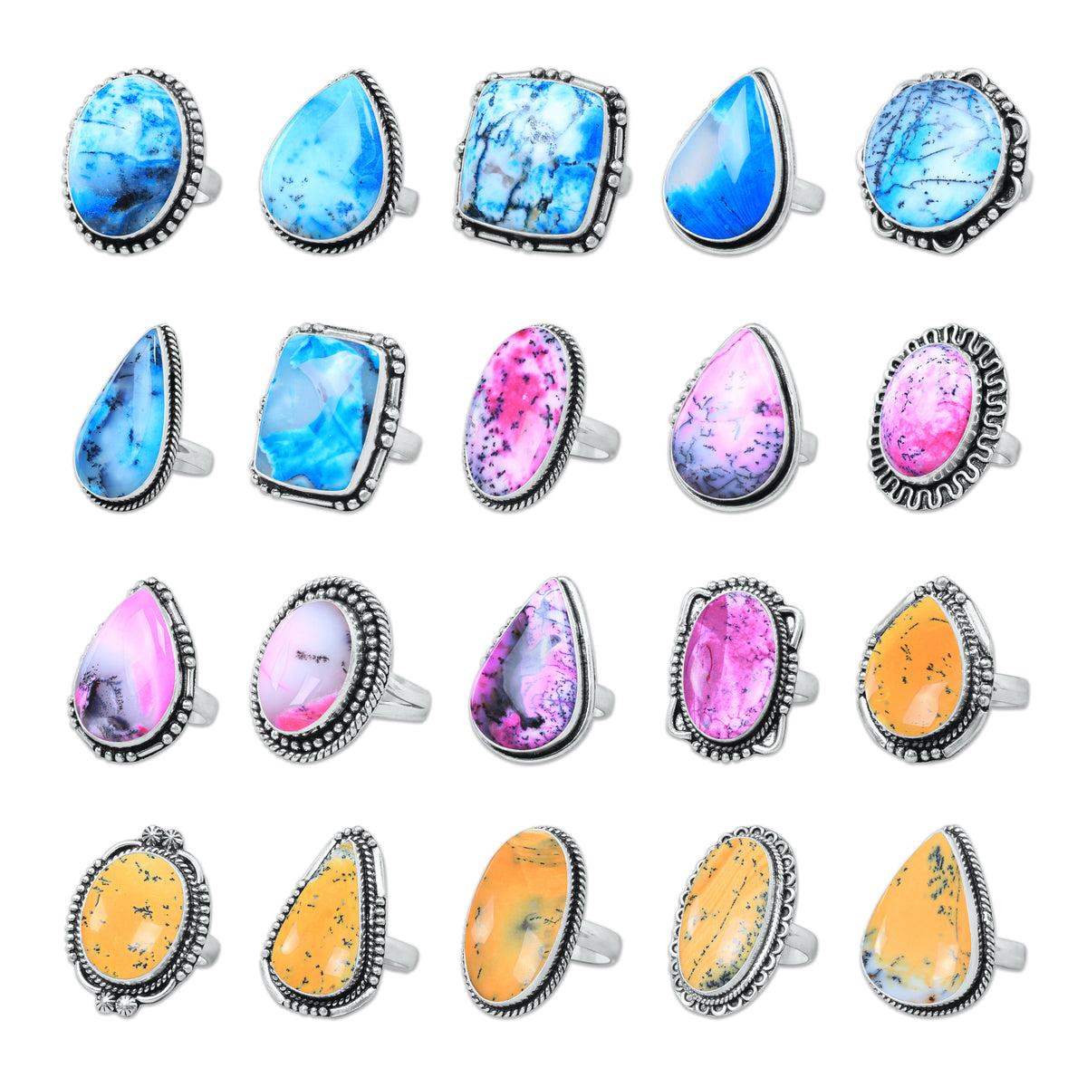 Dendrite Opal Rings – Silver-Plated, Handmade, Vivid Dyed Colors | Wholesale