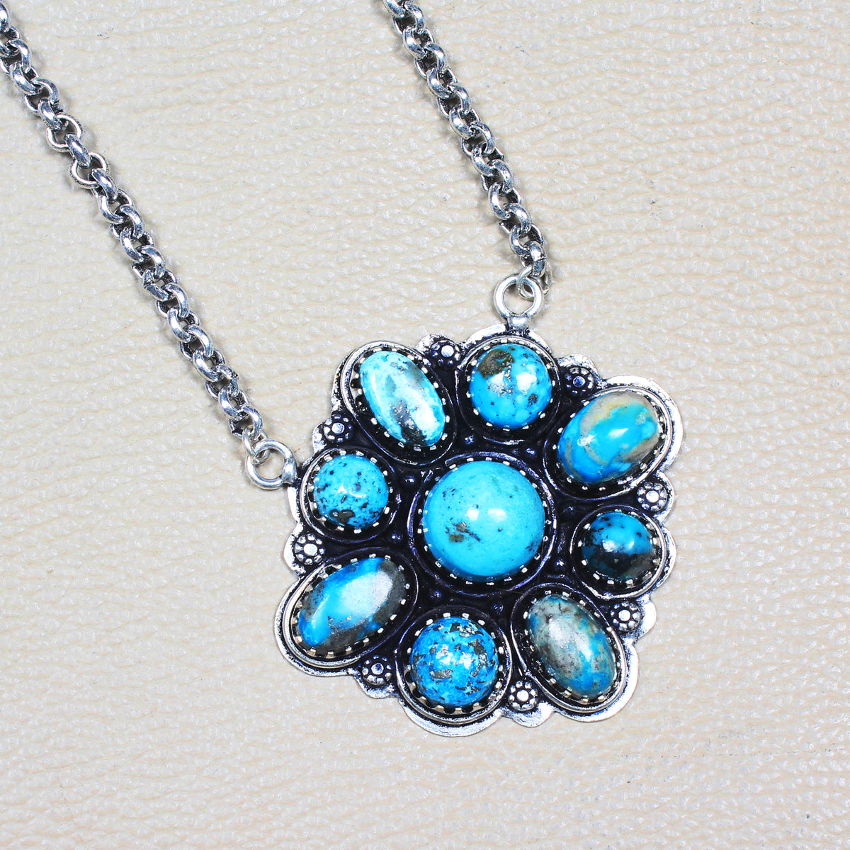 Navajo Blue Turquoise Diamond Medallion Statement Necklace | Silver Plated | 24" Chain