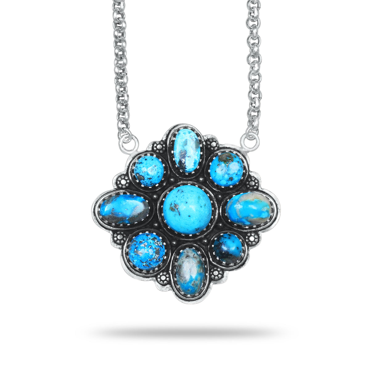 Navajo Blue Turquoise Diamond Medallion Statement Necklace | Silver Plated | 24" Chain