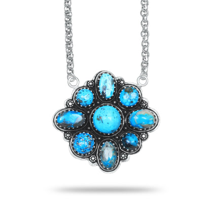 Navajo Blue Turquoise Diamond Medallion Statement Necklace | Silver Plated | 24" Chain