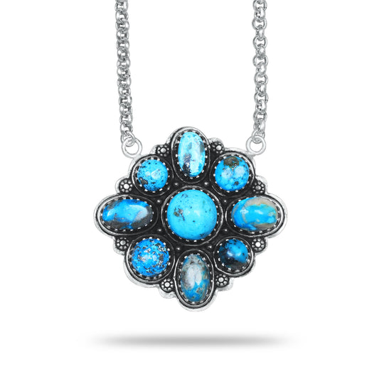 Navajo Blue Turquoise Diamond Medallion Statement Necklace | Silver Plated | 24" Chain