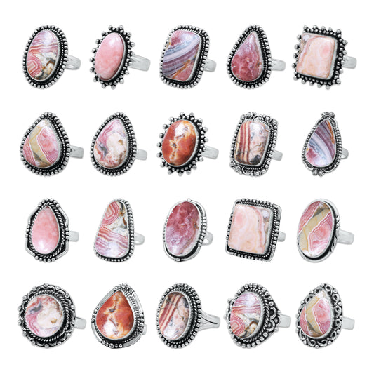 Rhodochrosite Rings – Silver-Plated, Handmade, Pink Banded Crystal (US Sizes 6–10, Made to Order) | Wholesale