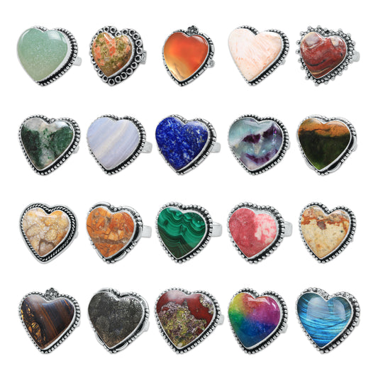 Assorted Handmade Silver-Plated Heart Crystal Rings – Boho Style with Natural Stones (US Sizes 6–10)