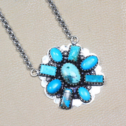 Navajo Concho 7-Stone Turquoise Statement Necklace | Silver Plated | 24" Chain