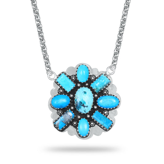Navajo Concho 7-Stone Turquoise Statement Necklace | Silver Plated | 24" Chain