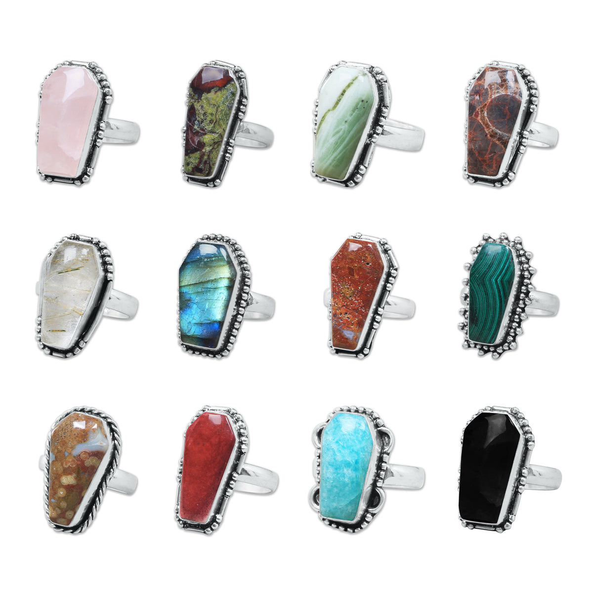 Coffin-Cut Statement Rings – Silver-Plated, Handmade, Assorted Gemstones (US Sizes 6–10, Non-Adjustable) | Wholesale