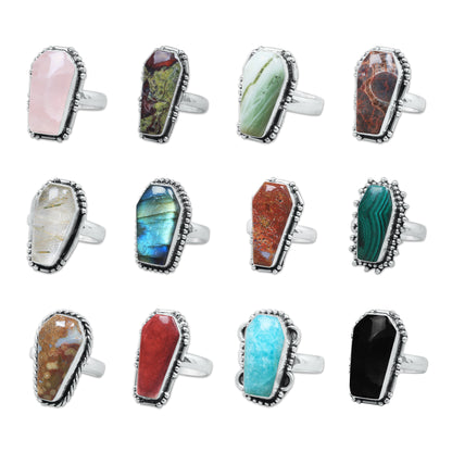 Coffin-Cut Statement Rings – Silver-Plated, Handmade, Assorted Gemstones (US Sizes 6–10, Non-Adjustable) | Wholesale