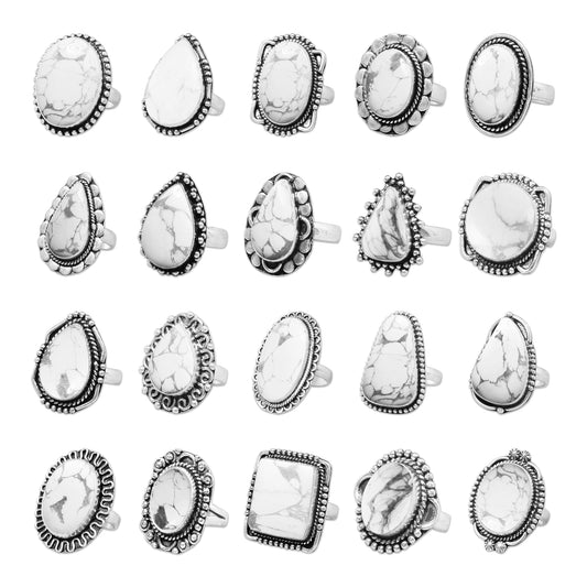 Howlite Rings – Silver-Plated, Handmade, White with Grey Veining (Made to Order) | Wholesale