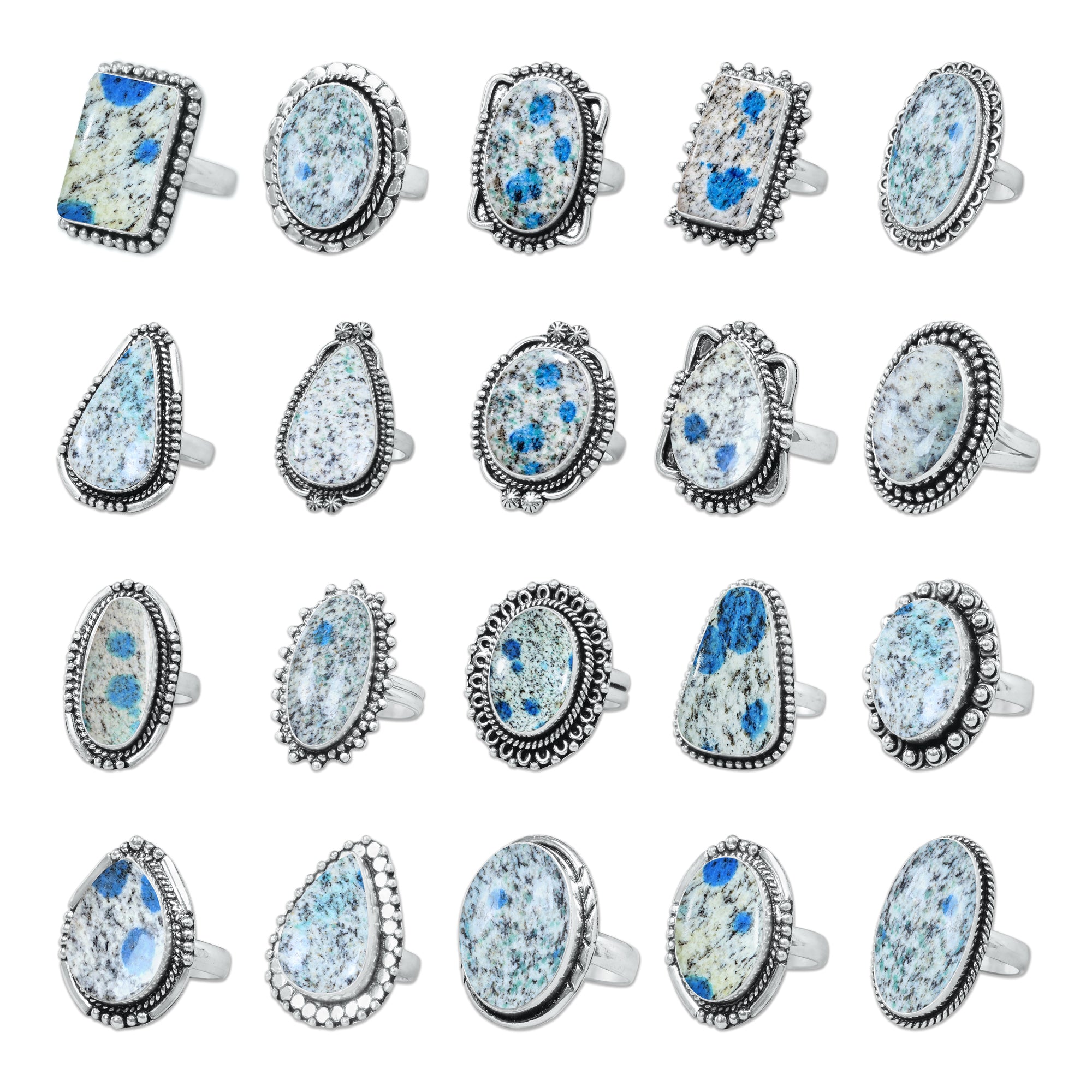 K2 Jasper Rings – Silver-Plated, Handmade, White with Blue Azurite Spo ...