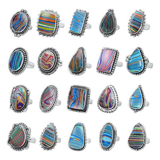 Rainbow Calsilica Rings – Silver-Plated, Handmade, Vivid Striped Composite (Made to Order) | Wholesale