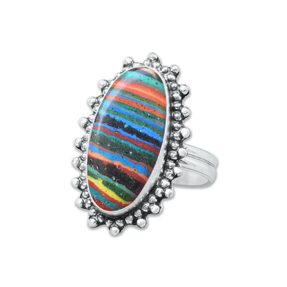 Rainbow Calsilica Rings – Silver-Plated, Handmade, Vivid Striped Composite (Made to Order) | Wholesale