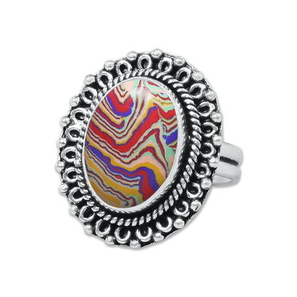 Rainbow Calsilica Rings – Silver-Plated, Handmade, Vivid Striped Composite (Made to Order) | Wholesale