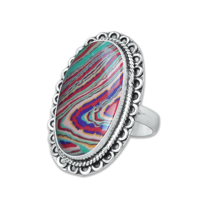 Rainbow Calsilica Rings – Silver-Plated, Handmade, Vivid Striped Composite (Made to Order) | Wholesale