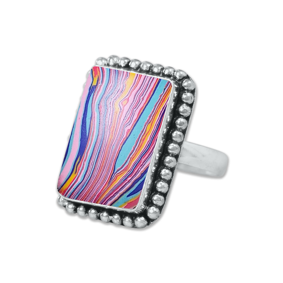 Rainbow Calsilica Rings – Silver-Plated, Handmade, Vivid Striped Composite (Made to Order) | Wholesale