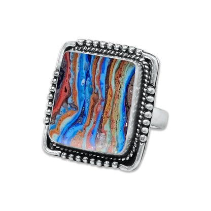 Rainbow Calsilica Rings – Silver-Plated, Handmade, Vivid Striped Composite (Made to Order) | Wholesale
