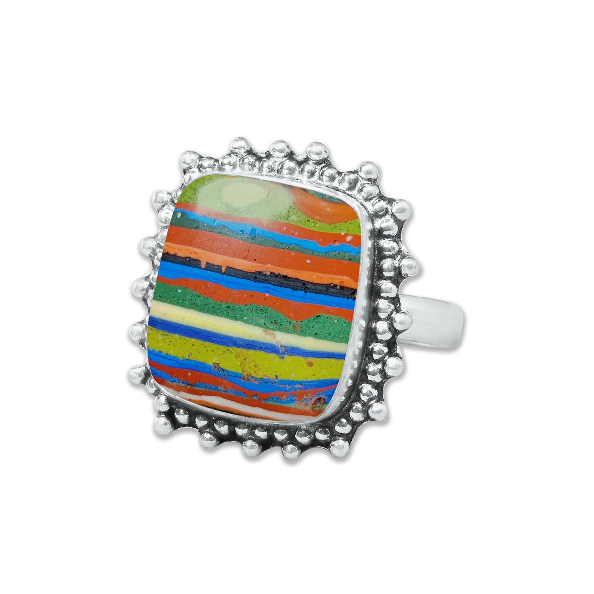 Rainbow Calsilica Rings – Silver-Plated, Handmade, Vivid Striped Composite (Made to Order) | Wholesale