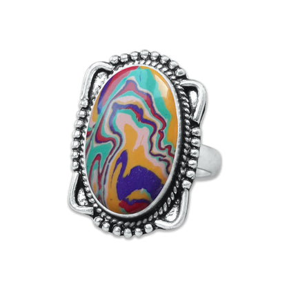 Rainbow Calsilica Rings – Silver-Plated, Handmade, Vivid Striped Composite (Made to Order) | Wholesale