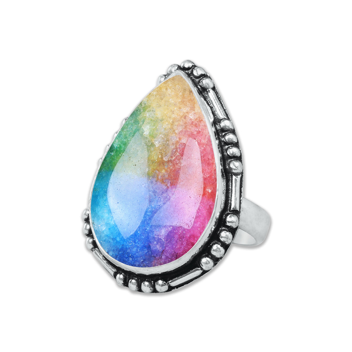 Rainbow Quartz Rings – Silver-Plated, Handmade, Dyed Vivid Colors (US Sizes 6–10, Non-Adjustable) | Wholesale