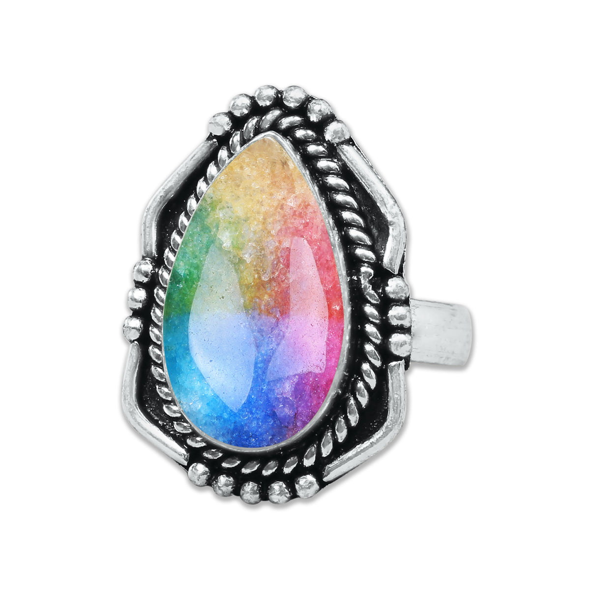 Rainbow Quartz Rings – Silver-Plated, Handmade, Dyed Vivid Colors (US Sizes 6–10, Non-Adjustable) | Wholesale