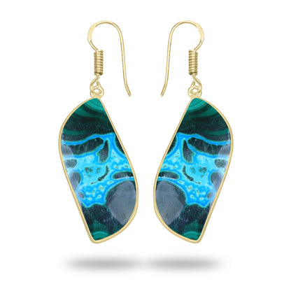 Azurite Malachite Earrings – 18K Gold-Plated Bezel, Handmade Minimal Design | Made to Order