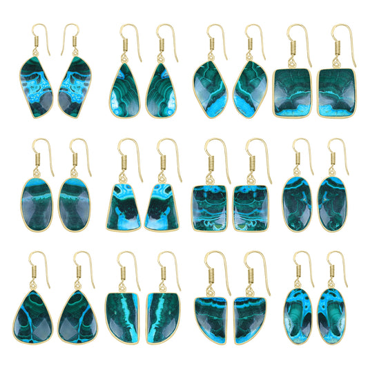 Azurite Malachite Earrings – 18K Gold-Plated Bezel, Handmade Minimal Design | Made to Order