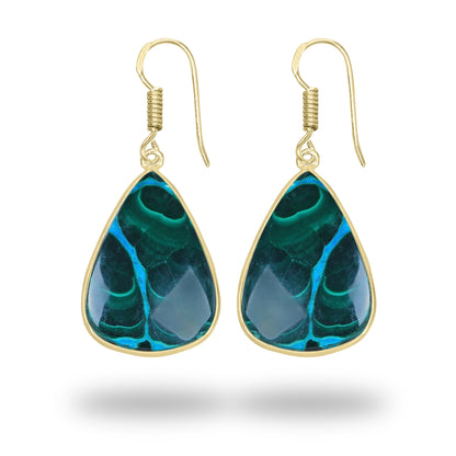 Azurite Malachite Earrings – 18K Gold-Plated Bezel, Handmade Minimal Design | Made to Order