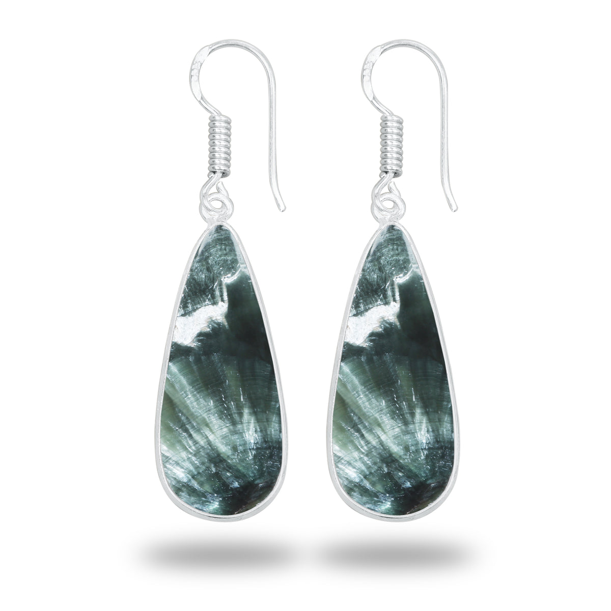Seraphinite Earrings – Minimalist Bezel Design, Silver-Plated, Handmade (Made to Order)