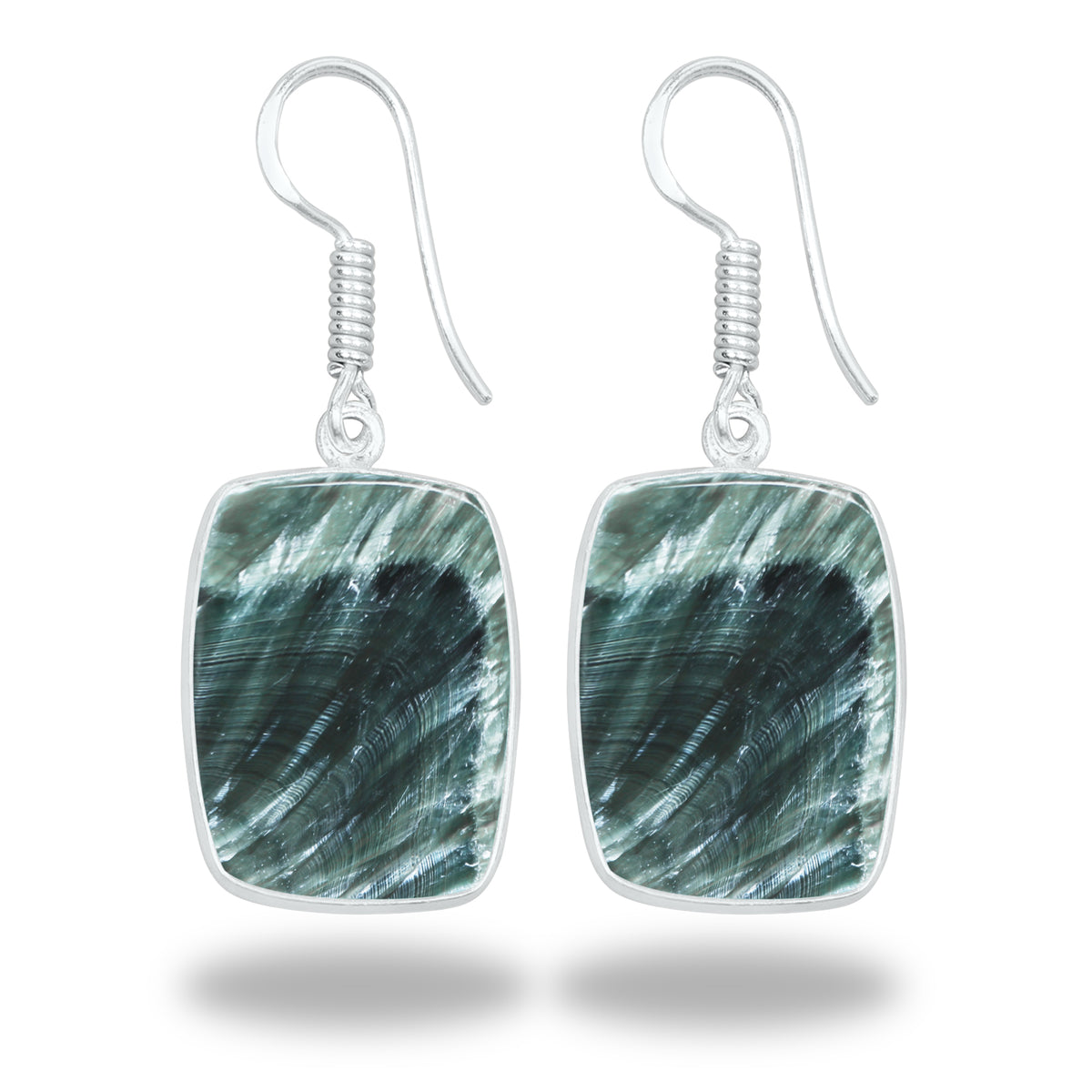 Seraphinite Earrings – Minimalist Bezel Design, Silver-Plated, Handmade (Made to Order)
